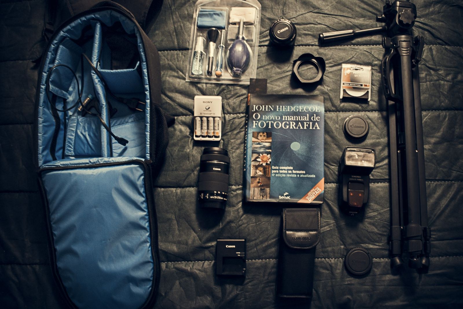 Camera and editing gear laid out flat